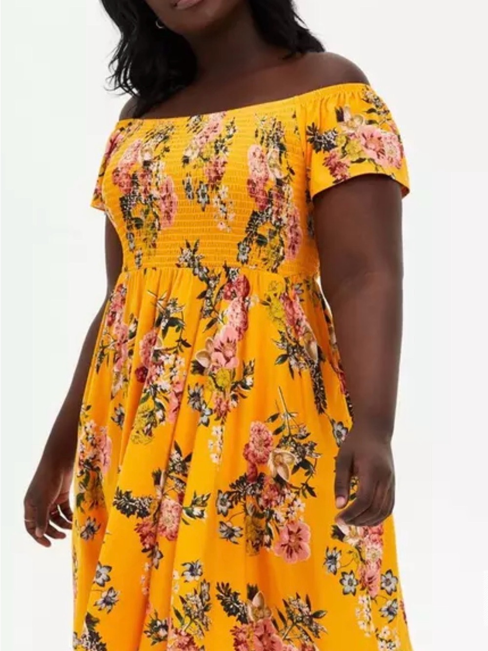 Torrid Floral Print Strapless Dress in Mustard Yellow